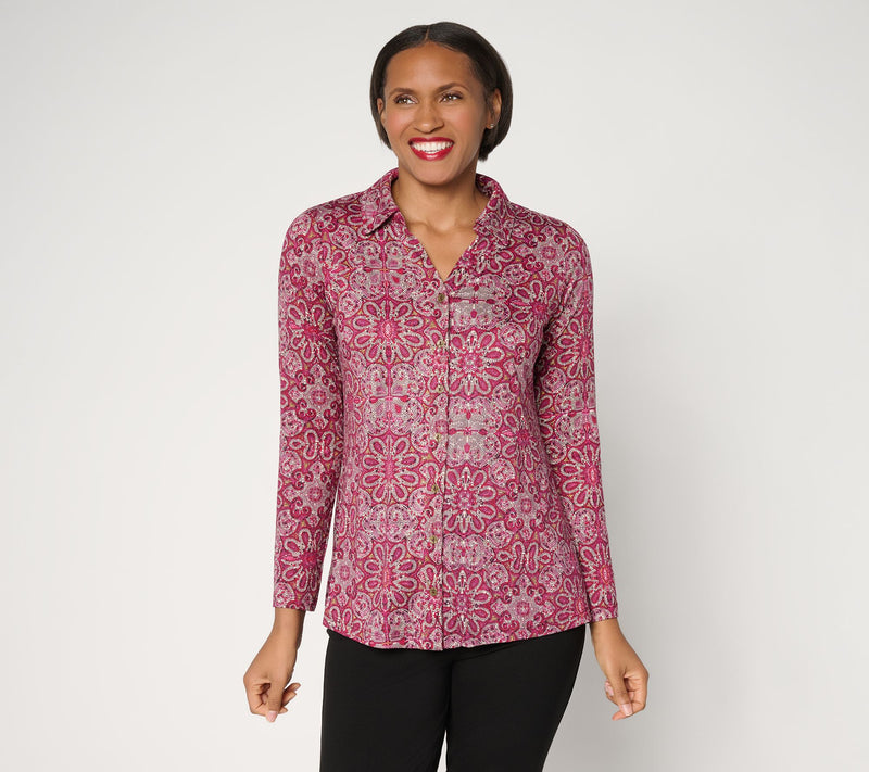 Susan Graver Printed Brushed Liquid Knit A-Line Top — View 17
