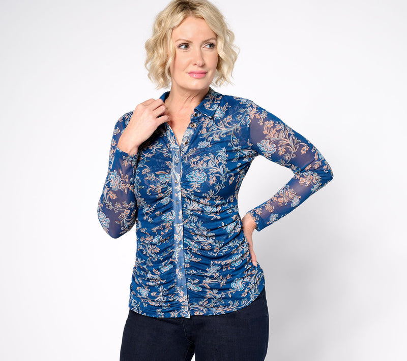 Susan Graver Printed Mesh Long-Sleeve Button-Front Top — Main view