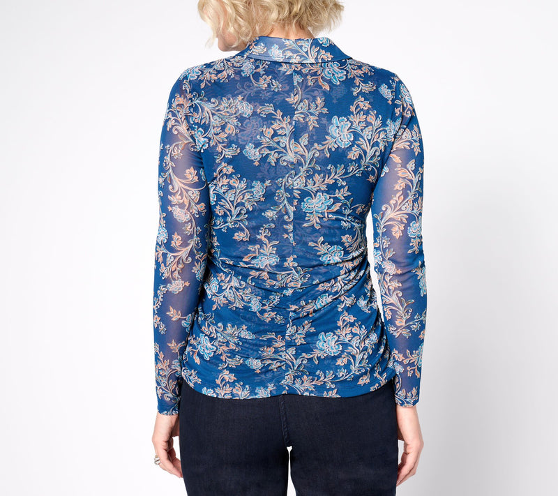 Susan Graver Printed Mesh Long-Sleeve Button-Front Top — View 4