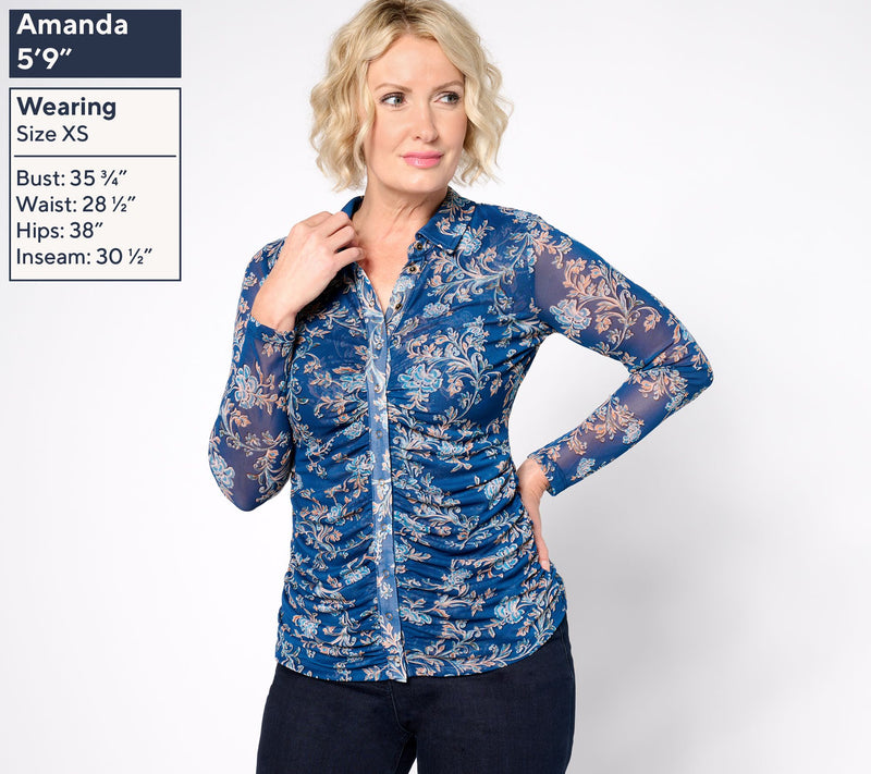Susan Graver Printed Mesh Long-Sleeve Button-Front Top — View 3