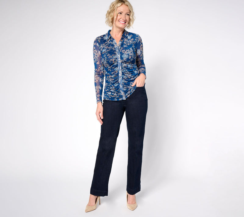 Susan Graver Printed Mesh Long-Sleeve Button-Front Top — View 5