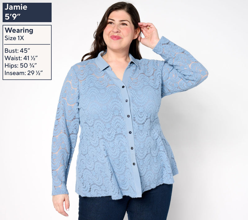 Susan Graver Occasions Brushed Lace Button-Front Top & Cami Set — View 10