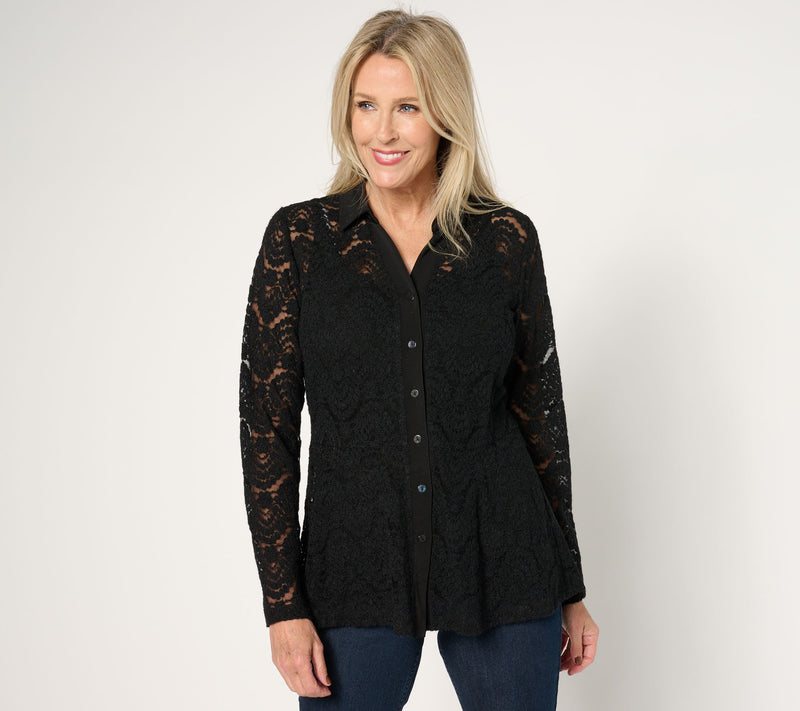 Susan Graver Occasions Brushed Lace Button-Front Top & Cami Set — View 9