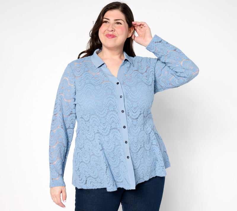 Susan Graver Occasions Brushed Lace Button-Front Top & Cami Set — View 5