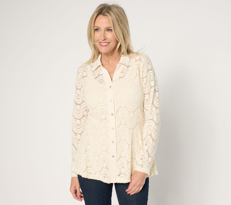 Susan Graver Occasions Brushed Lace Button-Front Top & Cami Set — View 7