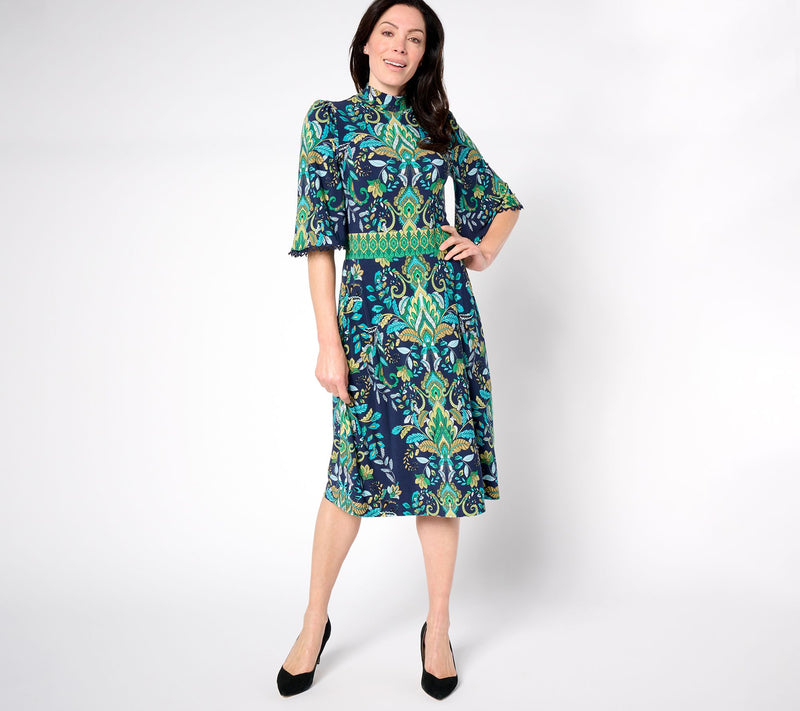 Susan Graver Petite Printed Liquid Knit Mock Neck Midi Dress — View 5