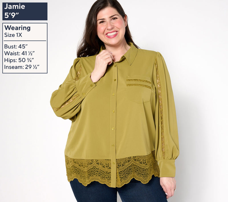 BEAUTIFUL by Lawrence Zarian Blouson Sleeve Shirt with Lace Detail — View 10