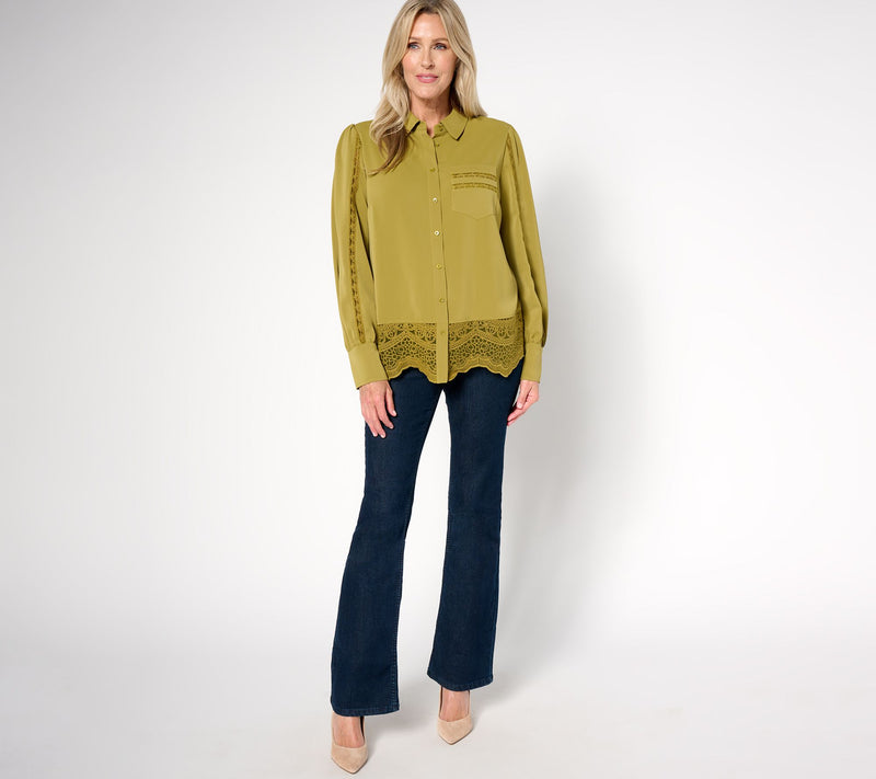 BEAUTIFUL by Lawrence Zarian Blouson Sleeve Shirt with Lace Detail — View 13