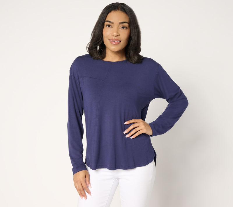 Peace Love World Asymmetrical Stitch Detail Long Sleeve Top — Main view