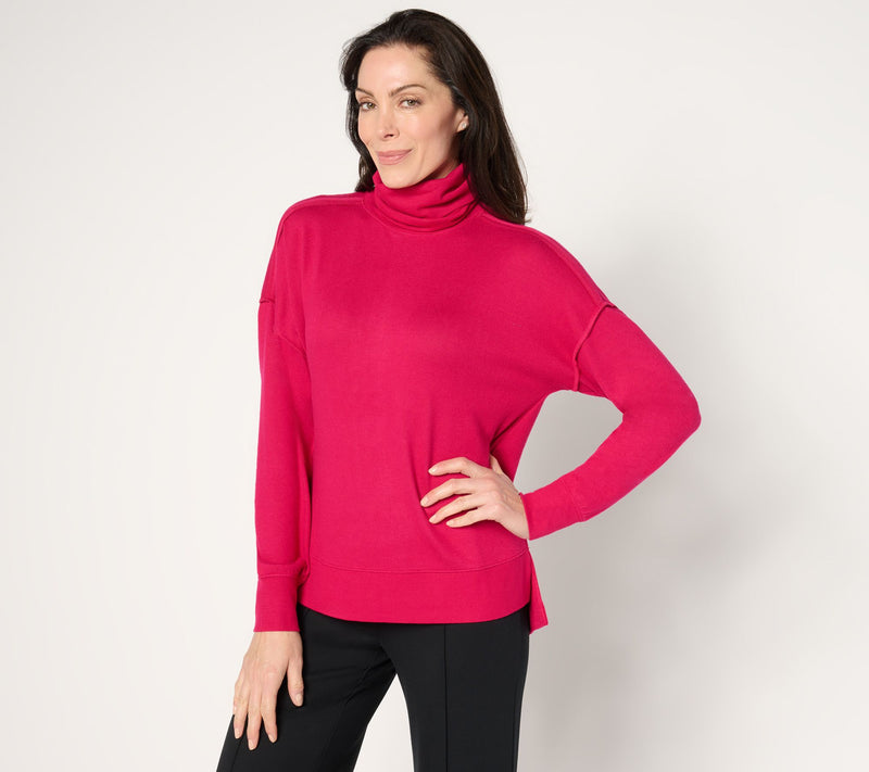 Peace Love World Comfy Knit Turtle Neck with Raw Edge Details — View 3