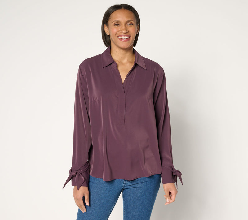 Peace Love World Y-Neck Pullover Blouse with Bow Sleeve Detail — Main view