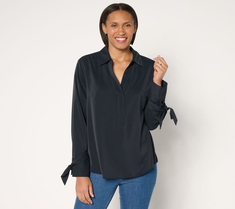 Peace Love World Y-Neck Pullover Blouse with Bow Sleeve Detail — View 7