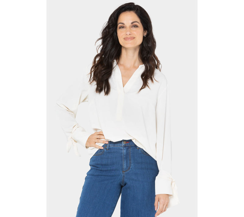 Peace Love World Y-Neck Pullover Blouse with Bow Sleeve Detail — View 11