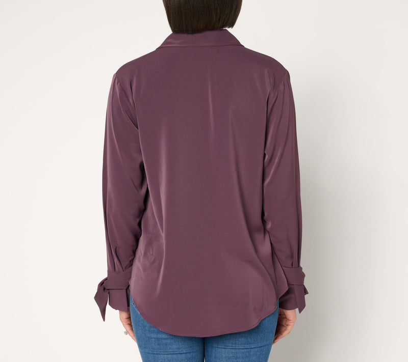 Peace Love World Y-Neck Pullover Blouse with Bow Sleeve Detail — View 8