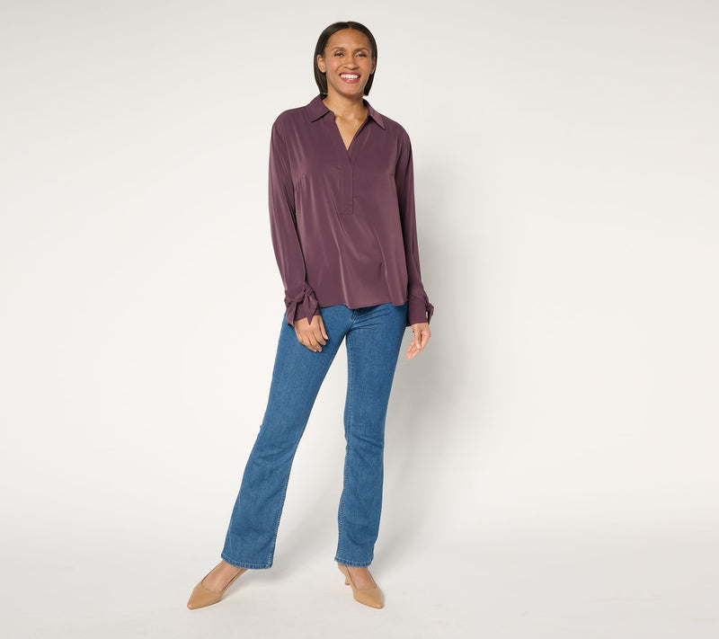 Peace Love World Y-Neck Pullover Blouse with Bow Sleeve Detail — View 9