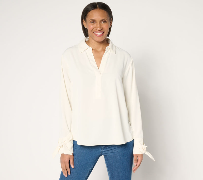 Peace Love World Y-Neck Pullover Blouse with Bow Sleeve Detail — View 5