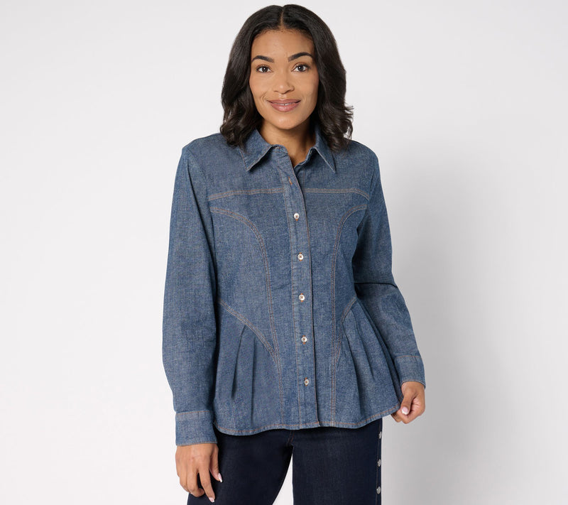 Peace Love World Black Label Denim Shirt with Novelty Seams — View 5
