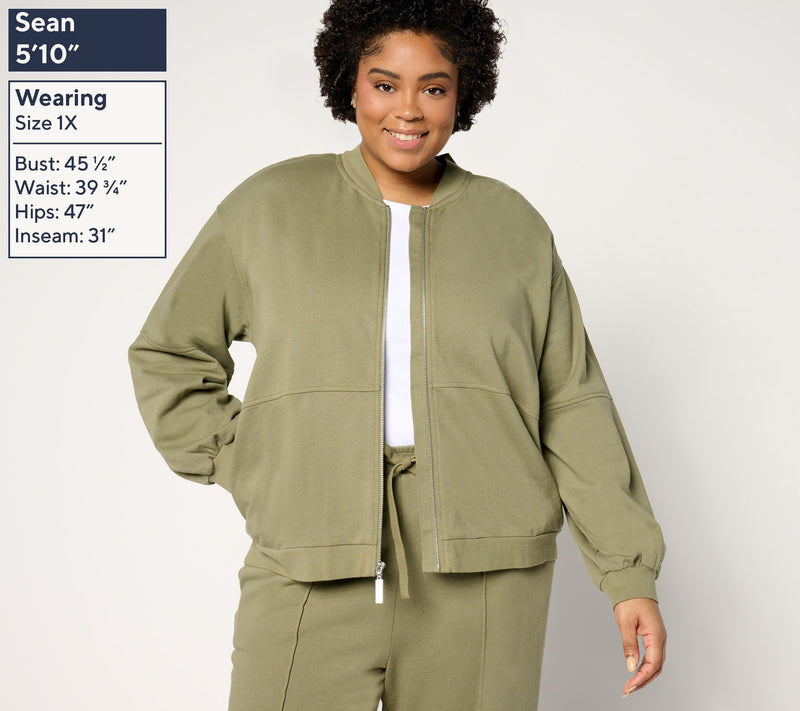 Peace Love World French Terry Zip-Front Bomber Jacket — View 8