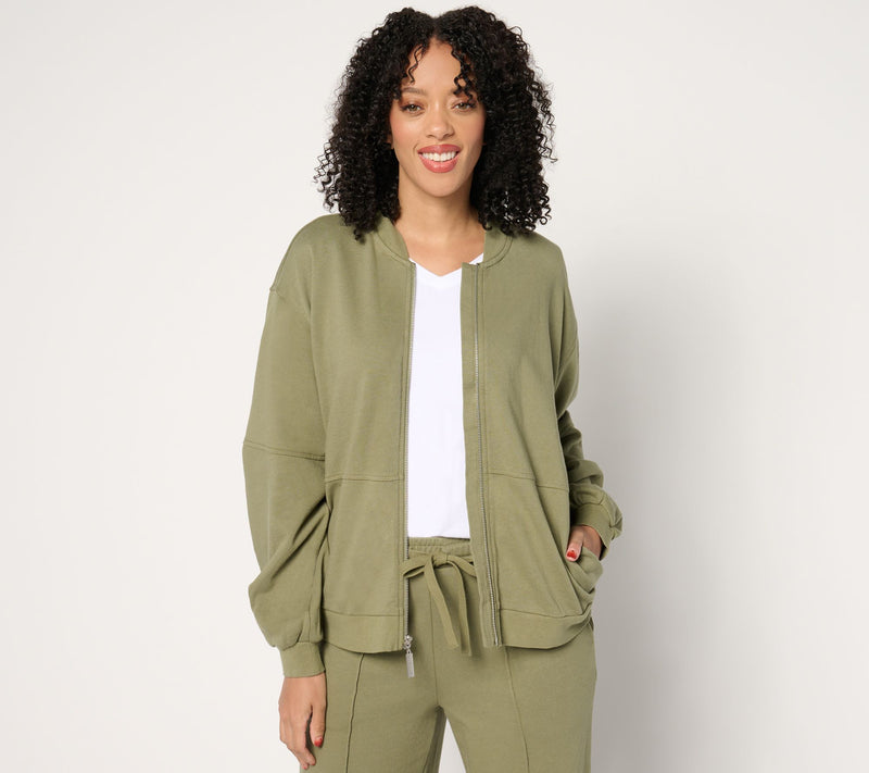 Peace Love World French Terry Zip-Front Bomber Jacket — View 5