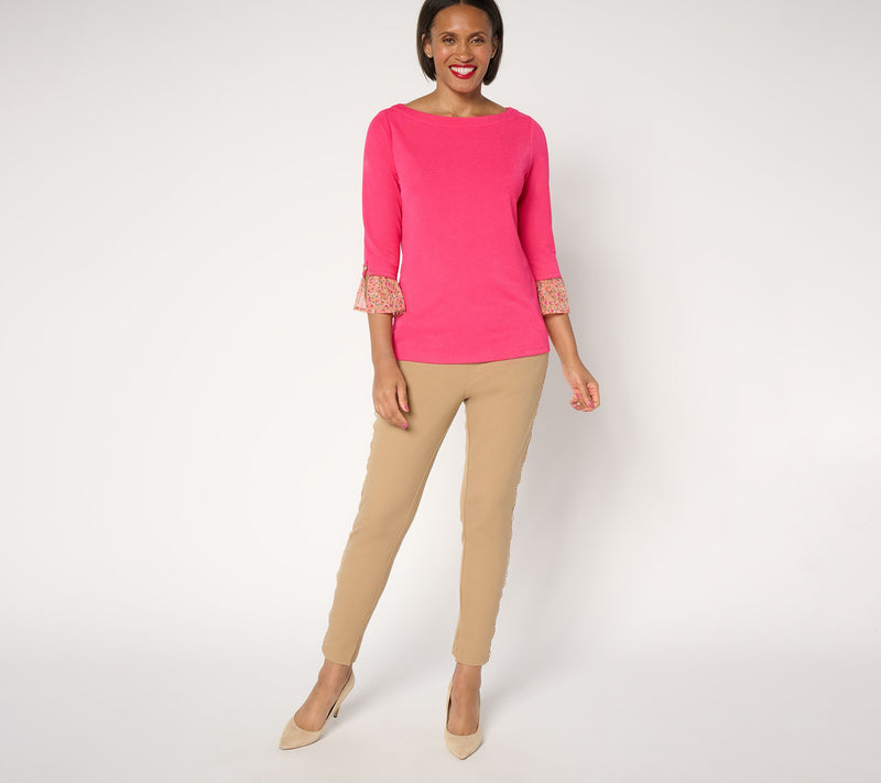 Isaac Mizrahi Live! Pebble Knit Top with Printed Cuffs — View 5