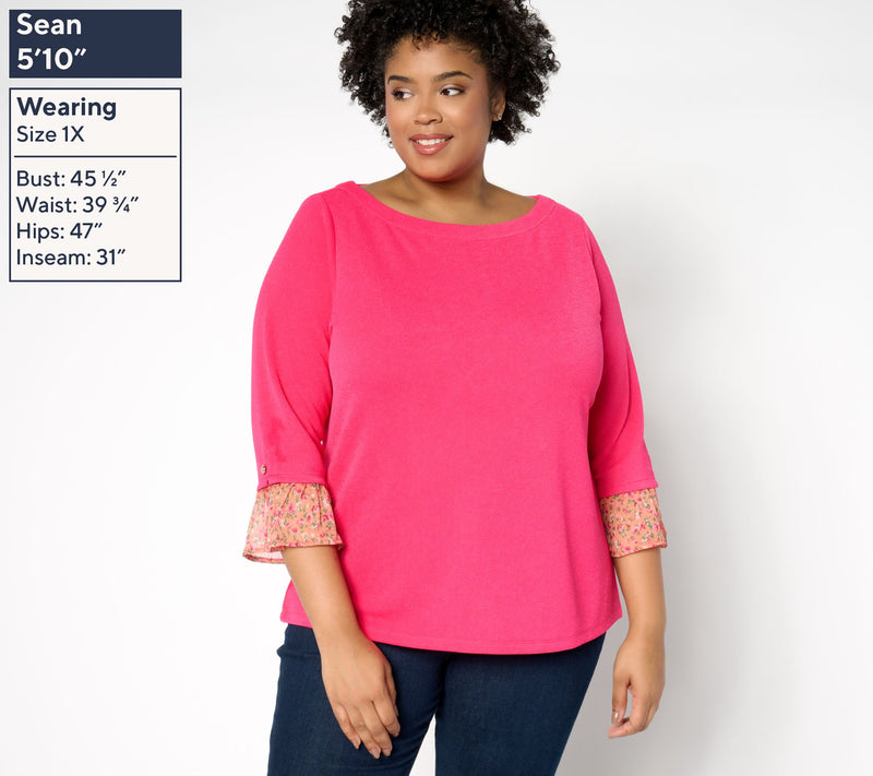 Isaac Mizrahi Live! Pebble Knit Top with Printed Cuffs — View 2