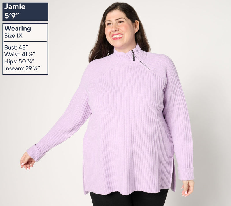 Peace Love World High-Low Ribbed Sweater with Zip Neck Detail — View 2