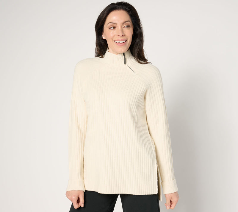 Peace Love World High-Low Ribbed Sweater with Zip Neck Detail — View 11