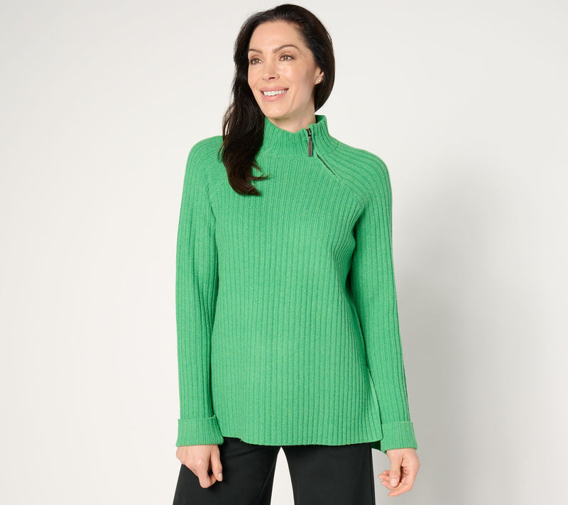 Peace Love World High-Low Ribbed Sweater with Zip Neck Detail — View 12