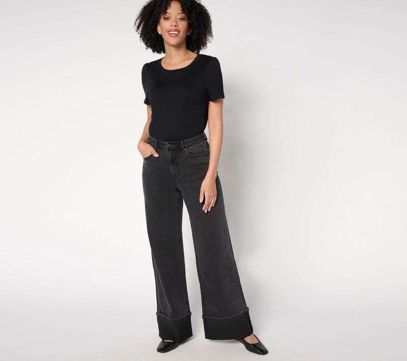 Peace Love World Petite Full Length Cuffed Jeans w/ Pintuck- Black — View 6