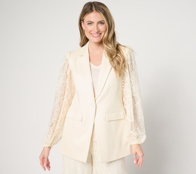 Dennis Basso Regular Ponte Knit Blazer with Lace Sleeves — Main view