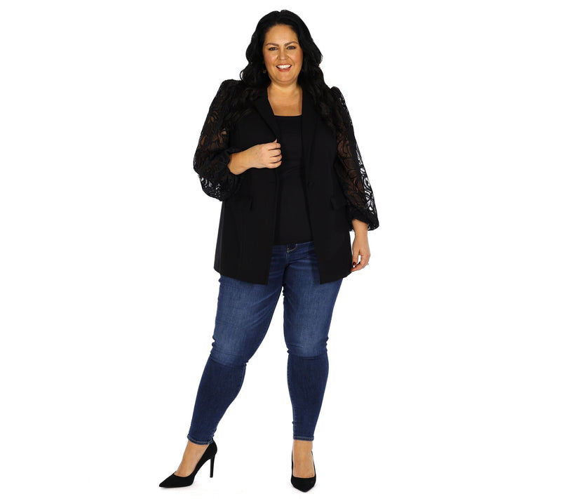 Dennis Basso Regular Ponte Knit Blazer with Lace Sleeves — View 12