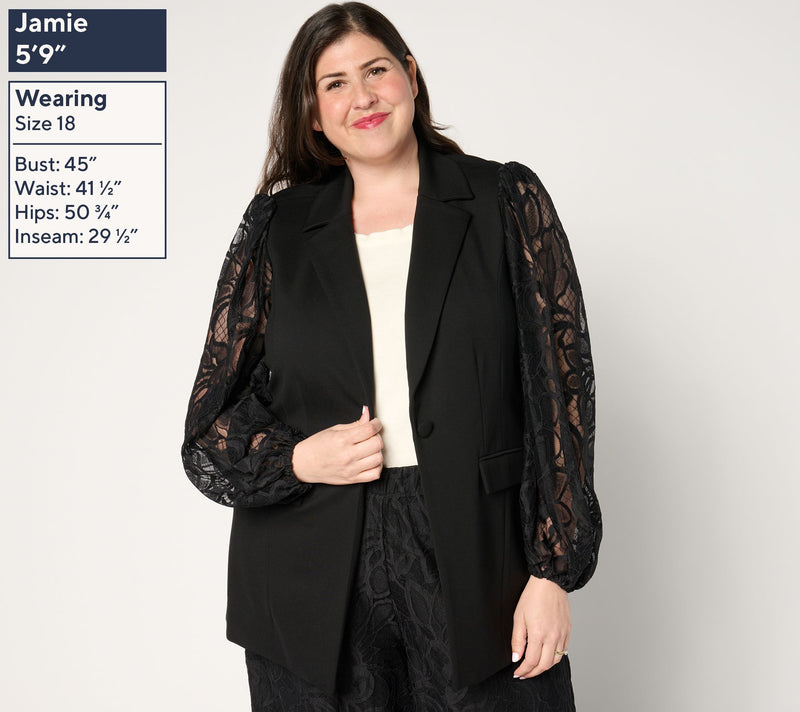 Dennis Basso Petite Ponte Knit Blazer with Lace Sleeves — View 8