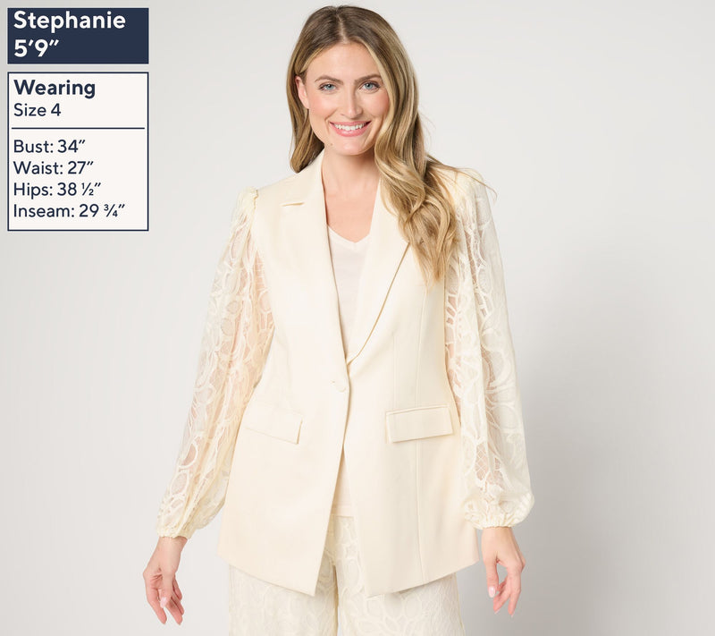 Dennis Basso Petite Ponte Knit Blazer with Lace Sleeves — View 9