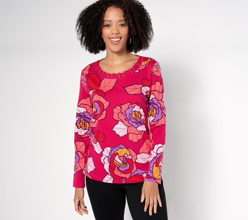 Sport Savvy Printed Knit Top with Studded Neckline — Main view