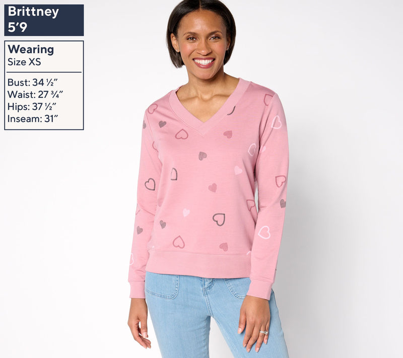 AnyBody Cozy Knit French Terry Heart Printed Pullover — View 3