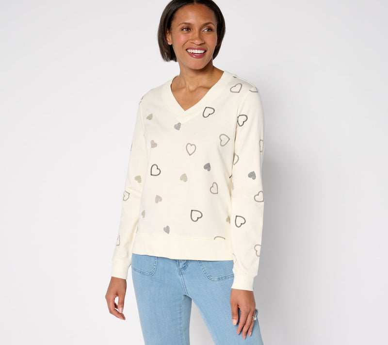 AnyBody Cozy Knit French Terry Heart Printed Pullover — View 11