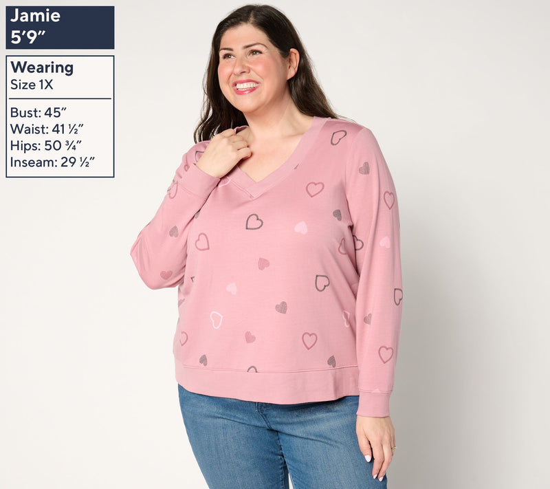 AnyBody Cozy Knit French Terry Heart Printed Pullover — View 2
