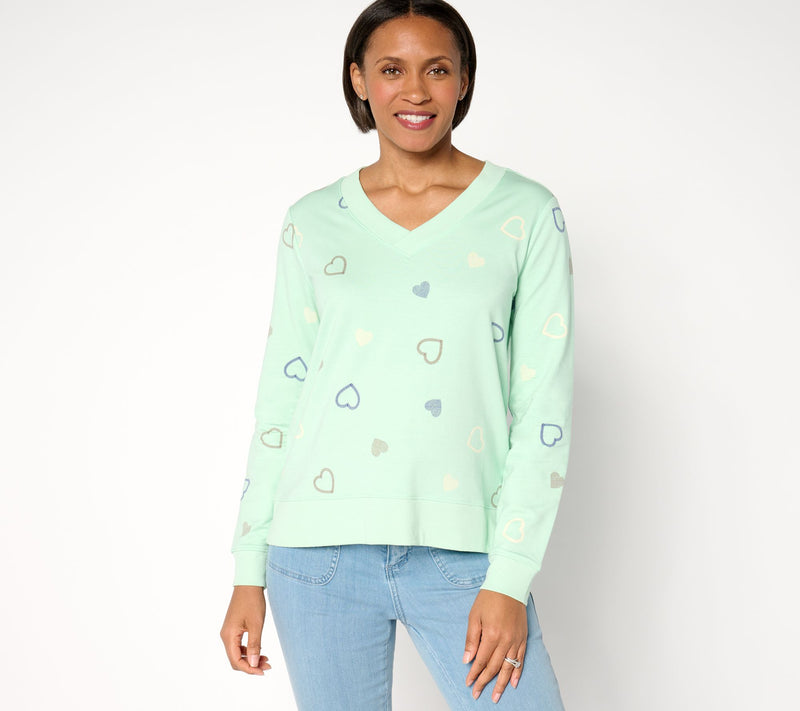 AnyBody Cozy Knit French Terry Heart Printed Pullover — View 14