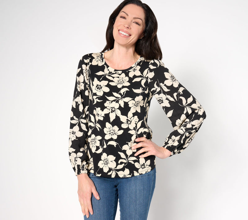 AnyBody Cozy Knit Mixed Media Printed Blouse — View 7