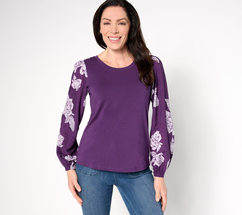 AnyBody Cozy Knit Mixed Media Printed Blouse — View 9