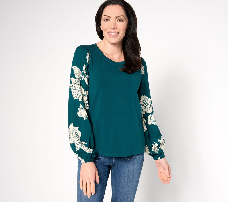 AnyBody Cozy Knit Mixed Media Printed Blouse — View 5