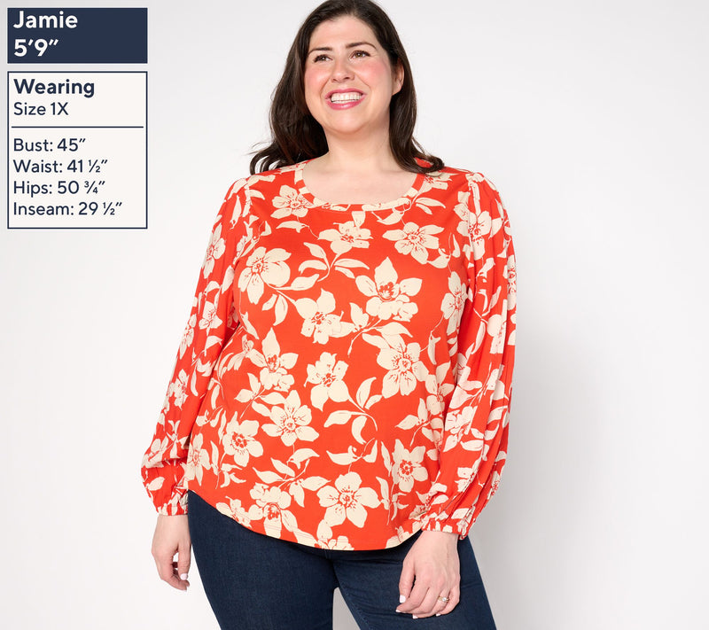 AnyBody Cozy Knit Mixed Media Printed Blouse — View 10