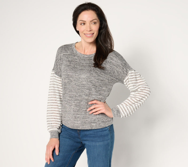 AnyBody Hacci Top with Lurex Striped Sleeve Puff Sleeve Top — View 7