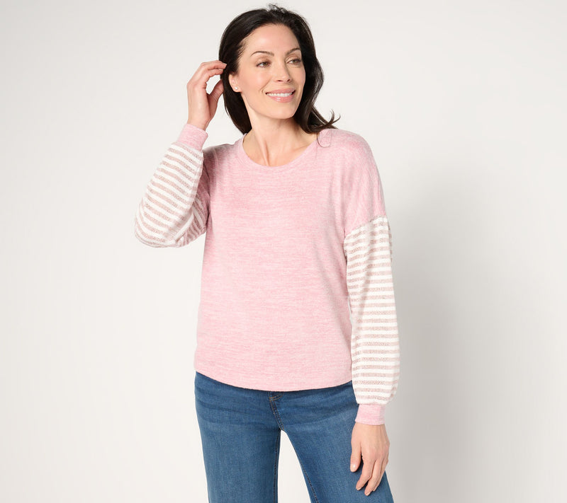 AnyBody Hacci Top with Lurex Striped Sleeve Puff Sleeve Top — View 3