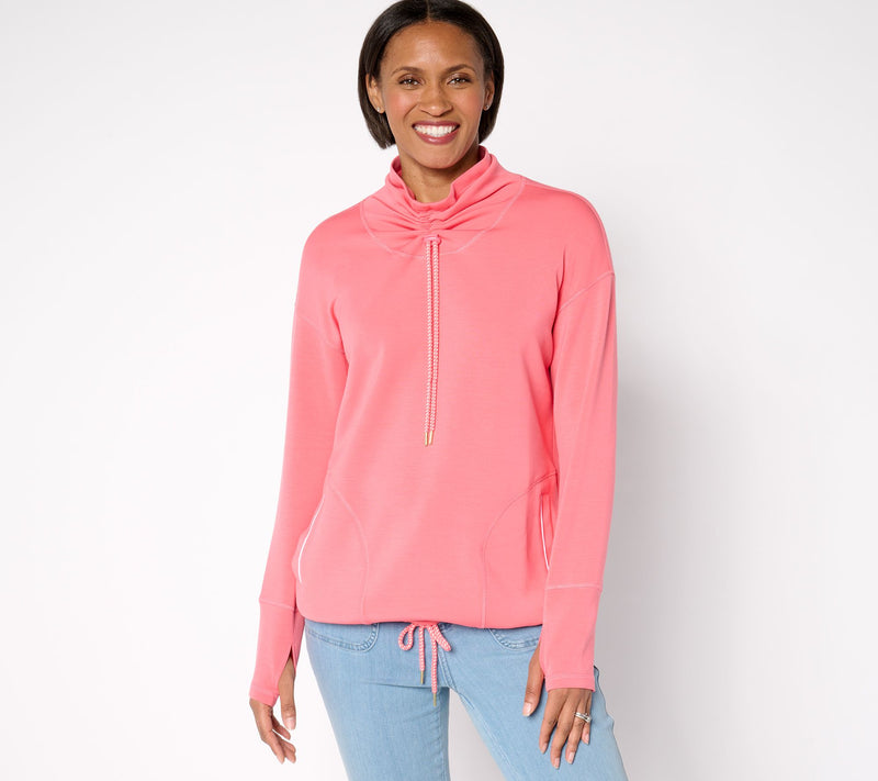 Belle by Kim Gravel ScubaLuxe Ruched Mock Neck w/ Pockets — View 3