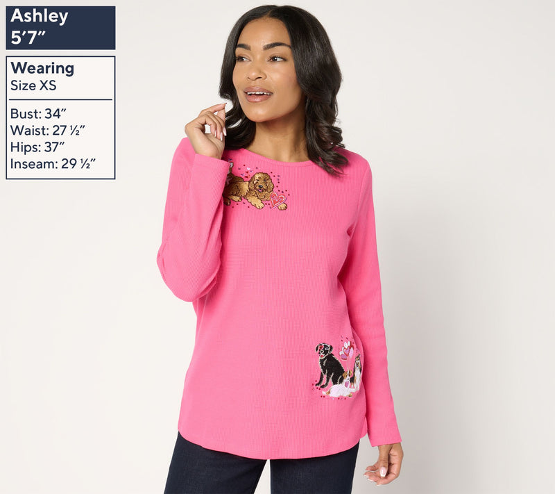 Quacker Factory Valentine Pet Waffle Long Sleeve Top — View 3