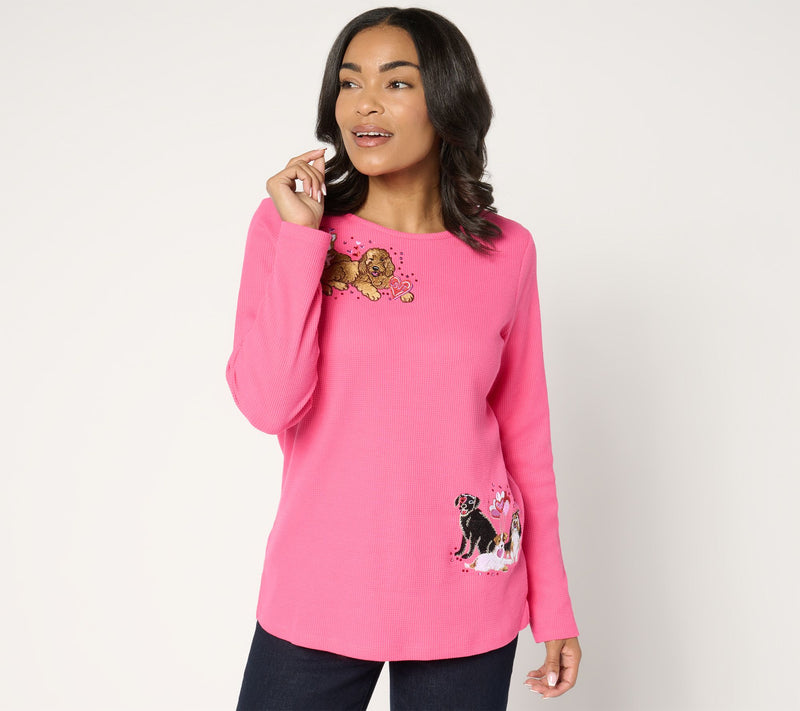 Quacker Factory Valentine Pet Waffle Long Sleeve Top — Main view