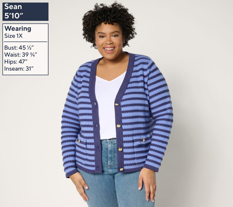 Isaac Mizrahi Live! Striped Button-Front Sweater Cardigan — View 12
