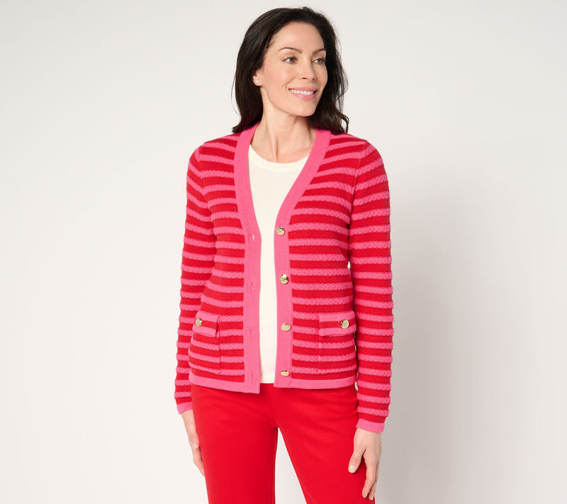 Isaac Mizrahi Live! Striped Button-Front Sweater Cardigan — Main view