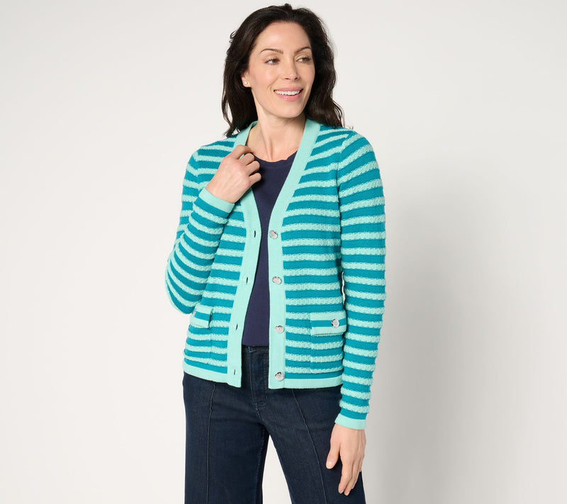 Isaac Mizrahi Live! Striped Button-Front Sweater Cardigan — View 11